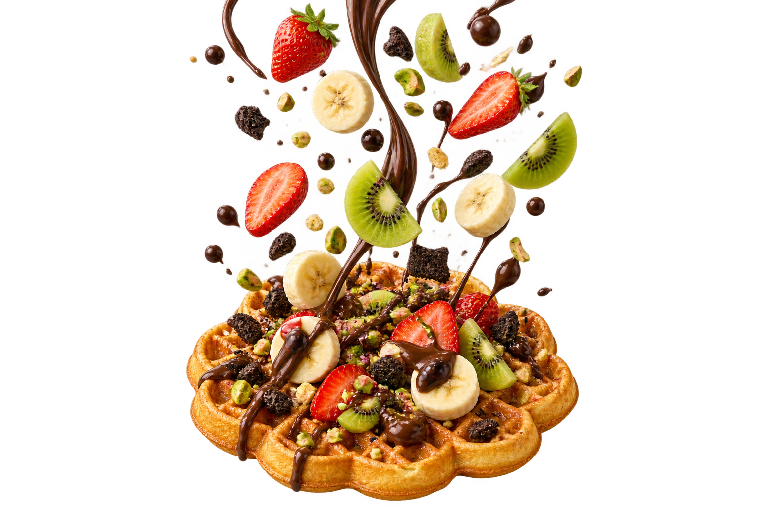 Waffle üzerine düşen meyve, çikolata ve malzemeler