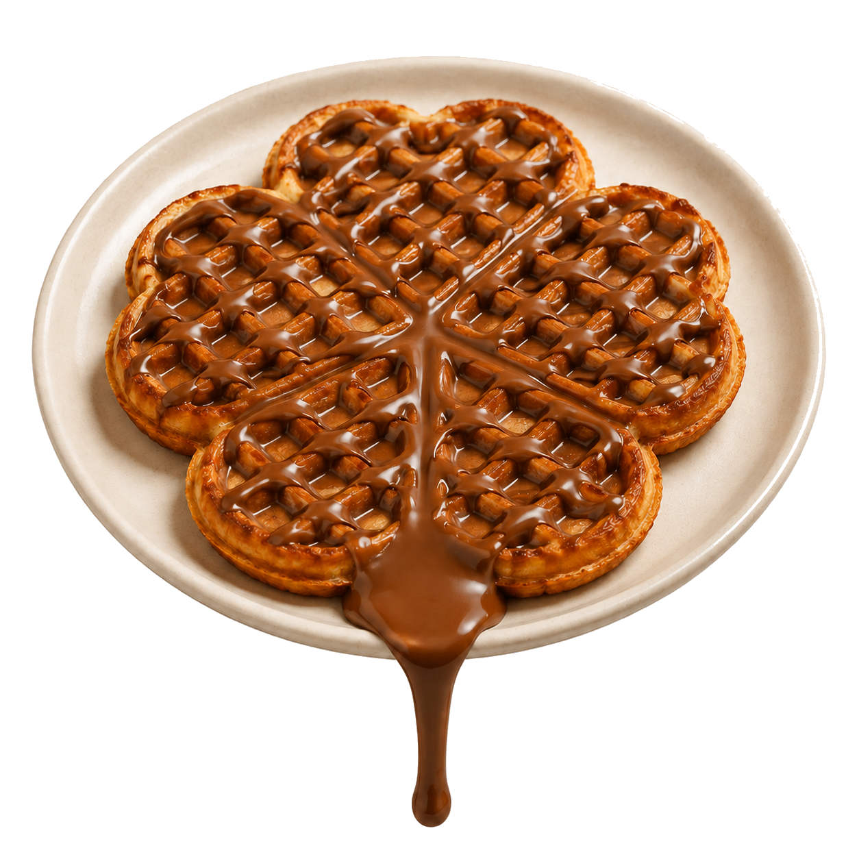 Tabakta, çikolatası aşağı doğru akan çiçek waffle