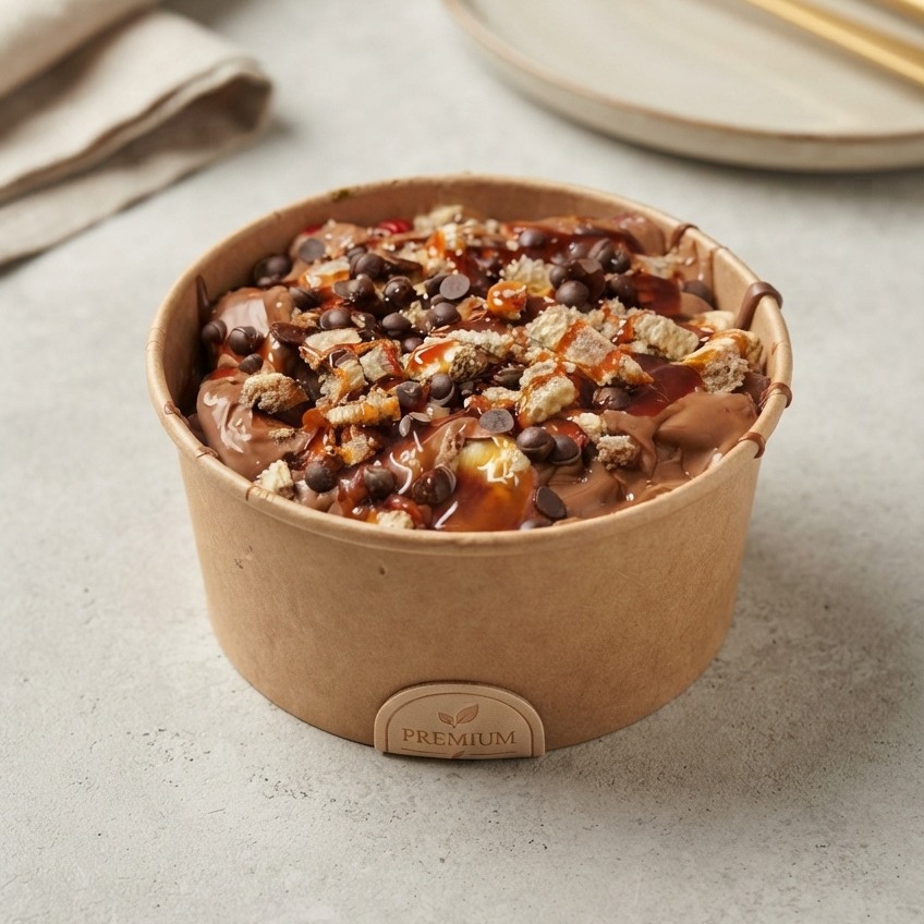 Çıtır Hoşbeş Bowl Waffle: Sütlü çikolata, muz, çilek, Hoşbeş ve karamel topping