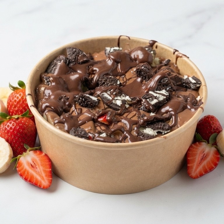 Oreolu Klasik Bowl Waffle: Sütlü çikolata, muz, çilek, Oreo ve bitter topping