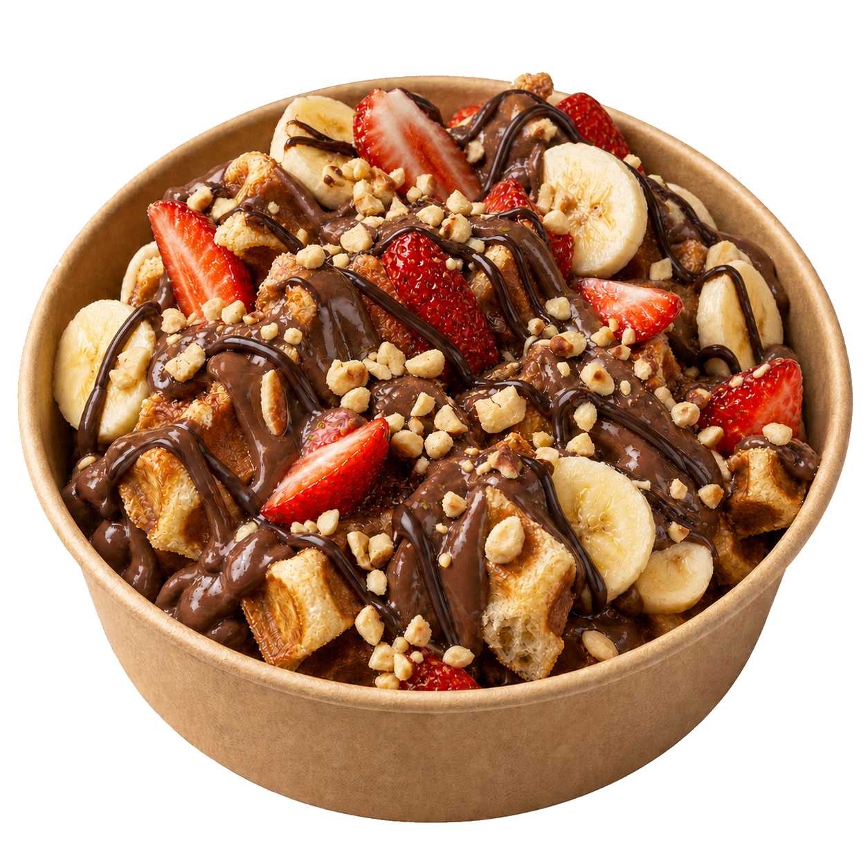 No.26 Klasik Bowl: Waffle parçaları, muz, çilek, sütlü çikolata ve fındık