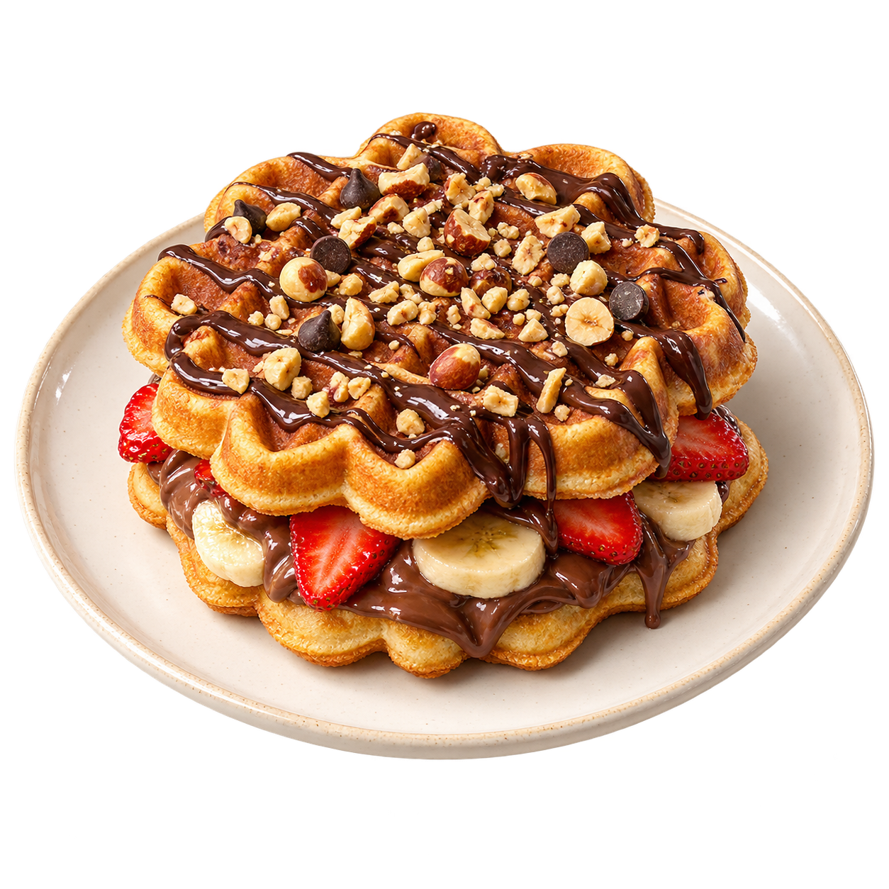 No.26 Double Klasik: İki waffle, muz, çilek, sütlü çikolata ve bitter